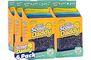 Scrub Daddy Steel Scouring Pad Scrub Sponges - Stainless Steel Scour Daddy - Stainless Steel Fibers Do What Scrubbing Sponges Can't - Durable, Shred-Resistant Scrubbing Pads - 2 Count (6 Pack)