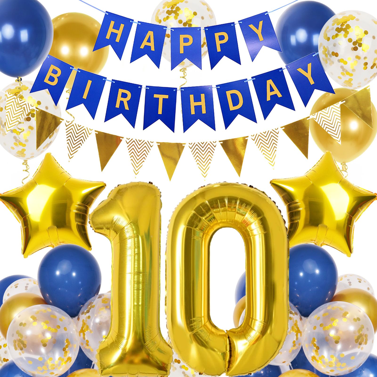 Photo 1 of 10th Birthday Decorations Boys, Navy Blue Gold Balloons and Happy Birthday Banner, 40 Inch Number 10 Foil Birthday Balloons with Birthday Bunting, for Boys Girls Birthday Decoration