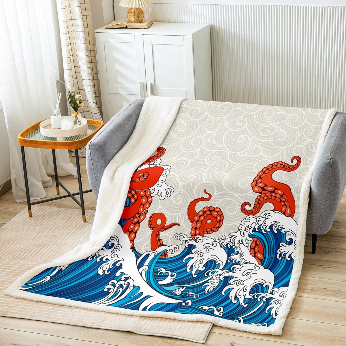 feelingyou Octopus Bed Blanket Kids Girls Blue Waves Sherpa Blanket Soft Cozy Lightweight Sea Animals Plush Fleece Ocean Theme Blanket Gifts for Bed Chair Office Sofa(Throw 50"x60")