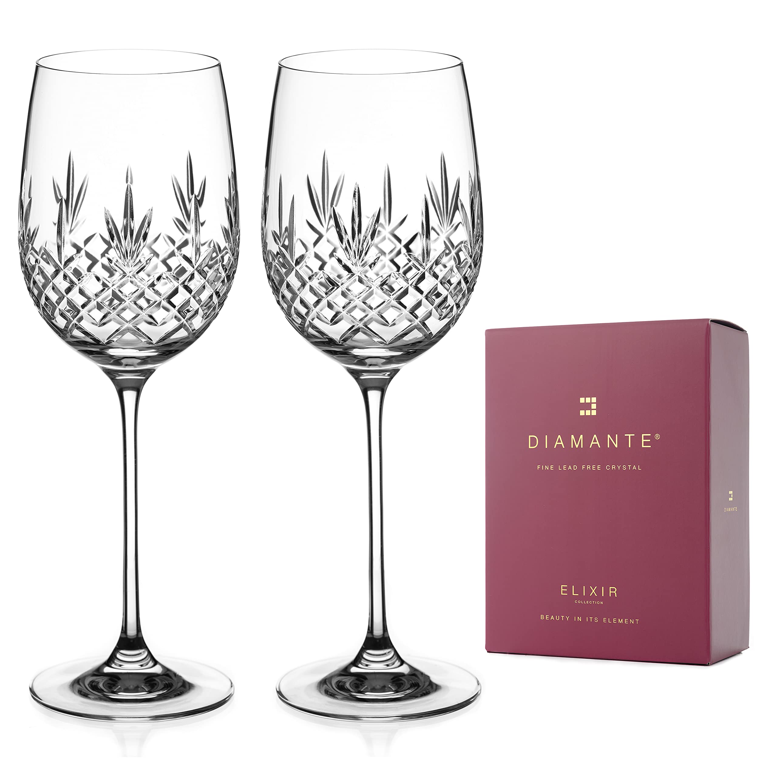 DIAMANTE Red Wine Glasses Pair - ‘Buckingham’ Traditional Hand Cut Crystal Wine Glasses - Set of 2