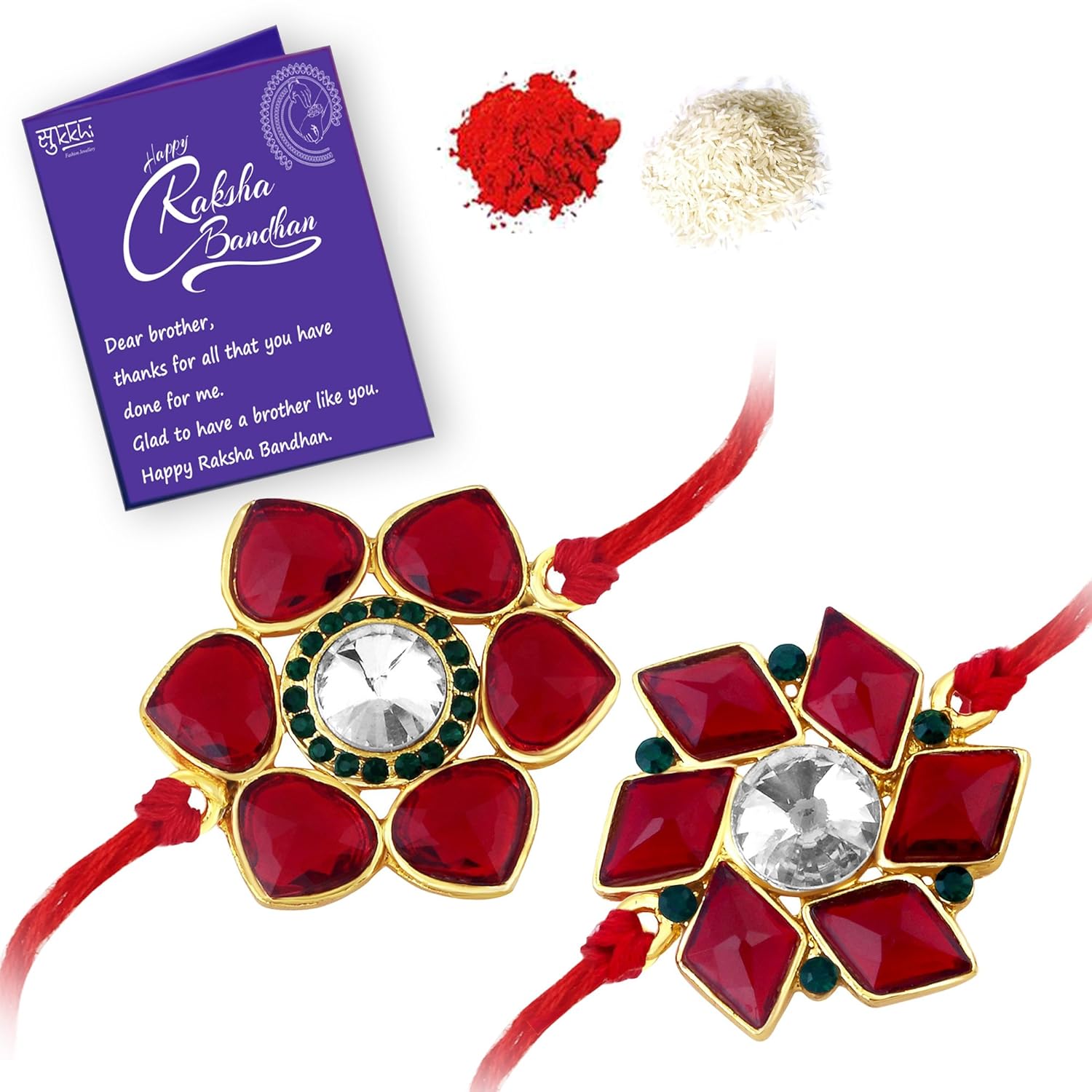 sukkhi exquisite gold plated floral rakhi set combo (set of 2) with roli chawal and raksha bandhan greeting card for men