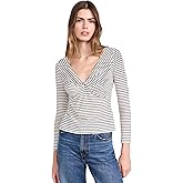 JOE'S JEANS Women's The Ava Stripe Twist V Neck Top, Black/White Stripe, M