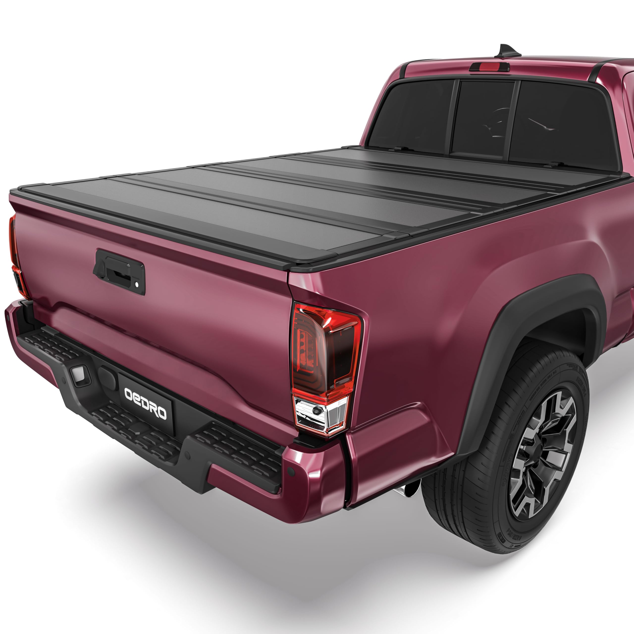 OEDRO Low-Profile Hard Quad-Fold Tonneau Cover Compatible with Toyota Tacoma 2016-2023 (Excl. Trail Edition) 5ft Bed with Tacoma Bed Rail, One-Handed Quick Release, Drainage Design Image