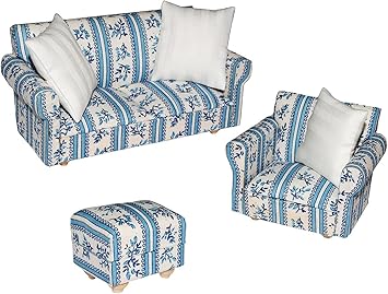 Alles Meine De Gmbh 3 Tlg Set Miniatur Wohnlandschaft Sofa Couch Sessel Hocker Mit Kissen Fur Puppenstube Massstab 1 12 Blau Weiss Gemustert Puppenhaus Puppenhausmo Amazon De Spielzeug Sofa Sessel Und Hocker