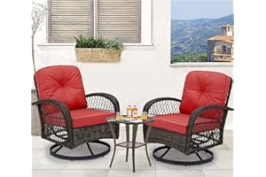 EROMMY 3 Pieces Outdoor Swivel Rocker Patio Chairs, 360 Degree Rocking Patio Conversation Set with Thickened Cushions and Glass Coffee Table for Backyard, Wine Red