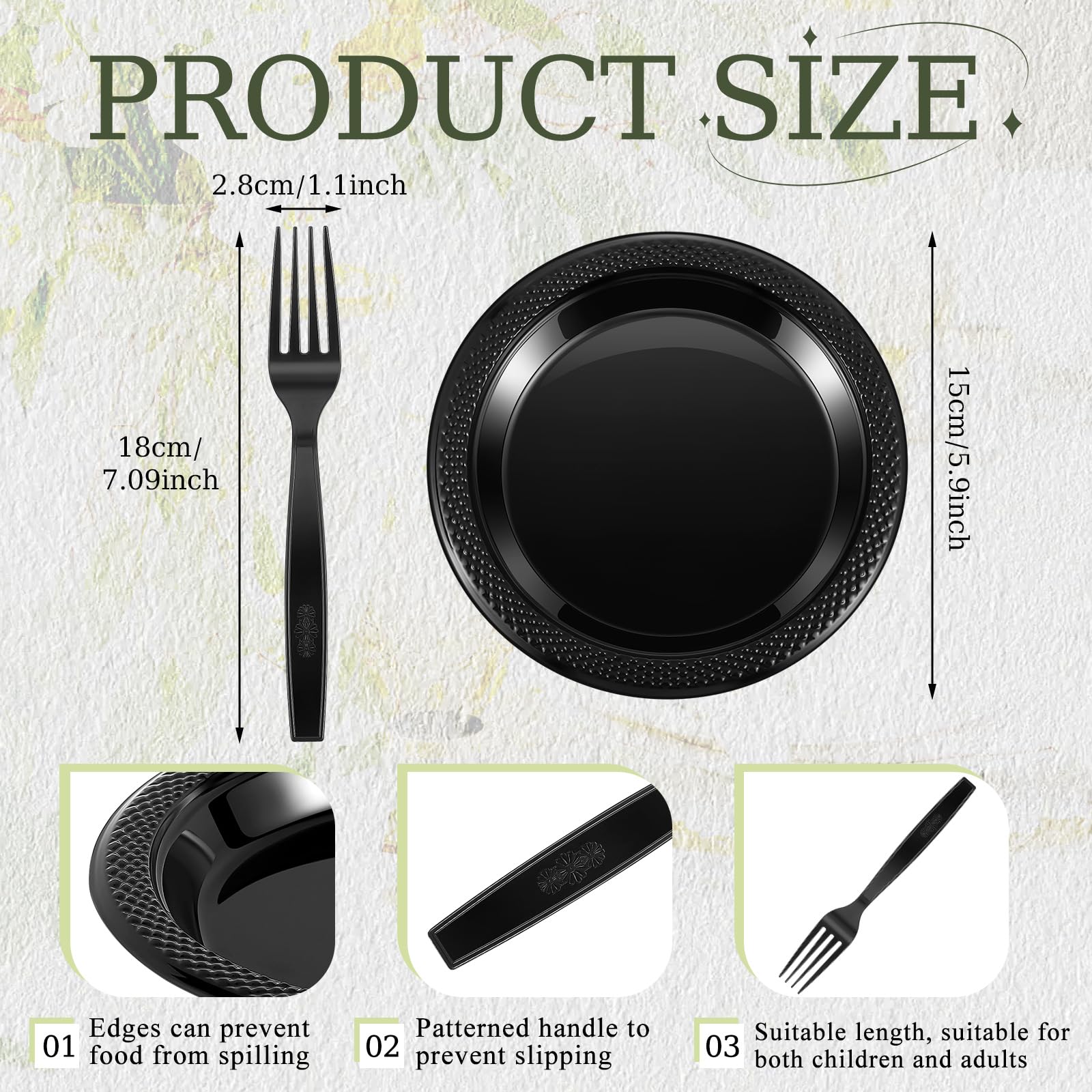 Condition photo showing New/Like New for hushee 600 pcs black plastic dessert plates 6'' with forks 7'' for cake appetizer, 300 small disposa