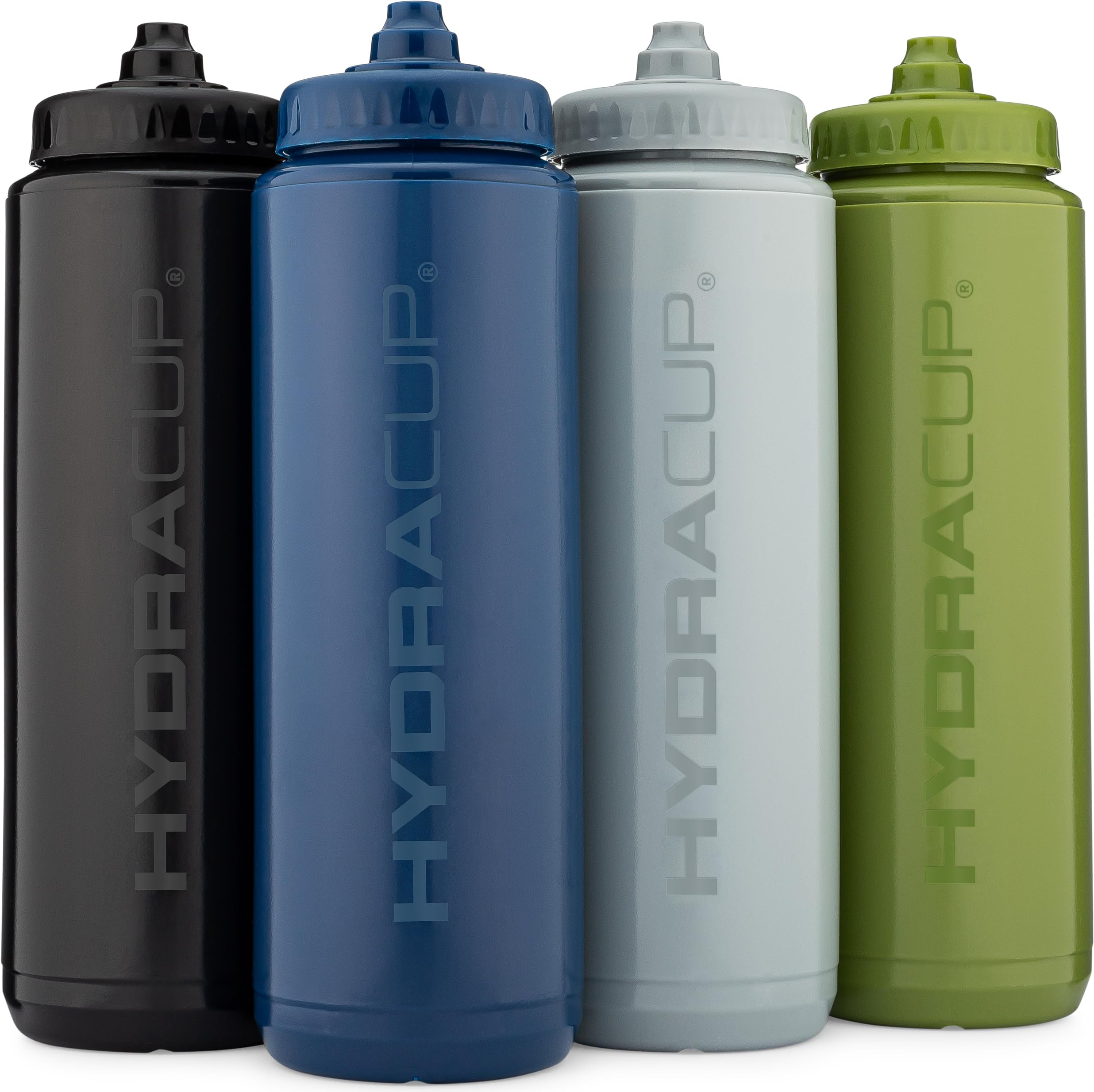 Hydra Cup 4 PACK - 32oz Squeeze Water Bottles, Monochromatic Color Scheme Set, Use as Shaker Cups with Barbell Blender Wire Whisk, Sport & Bike Hydration, Printed Measurement Lines, Squirt, Dark
