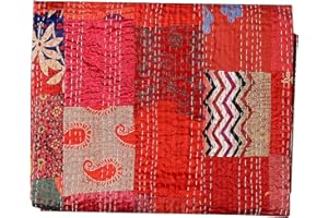 GDONLINE Indian Handmade Quilt Indian Silk Sari Kantha Quilted Patchwork, Silk Kantha Blanket Throw, Boho Vintage Bedspreads Red 60" x 40"