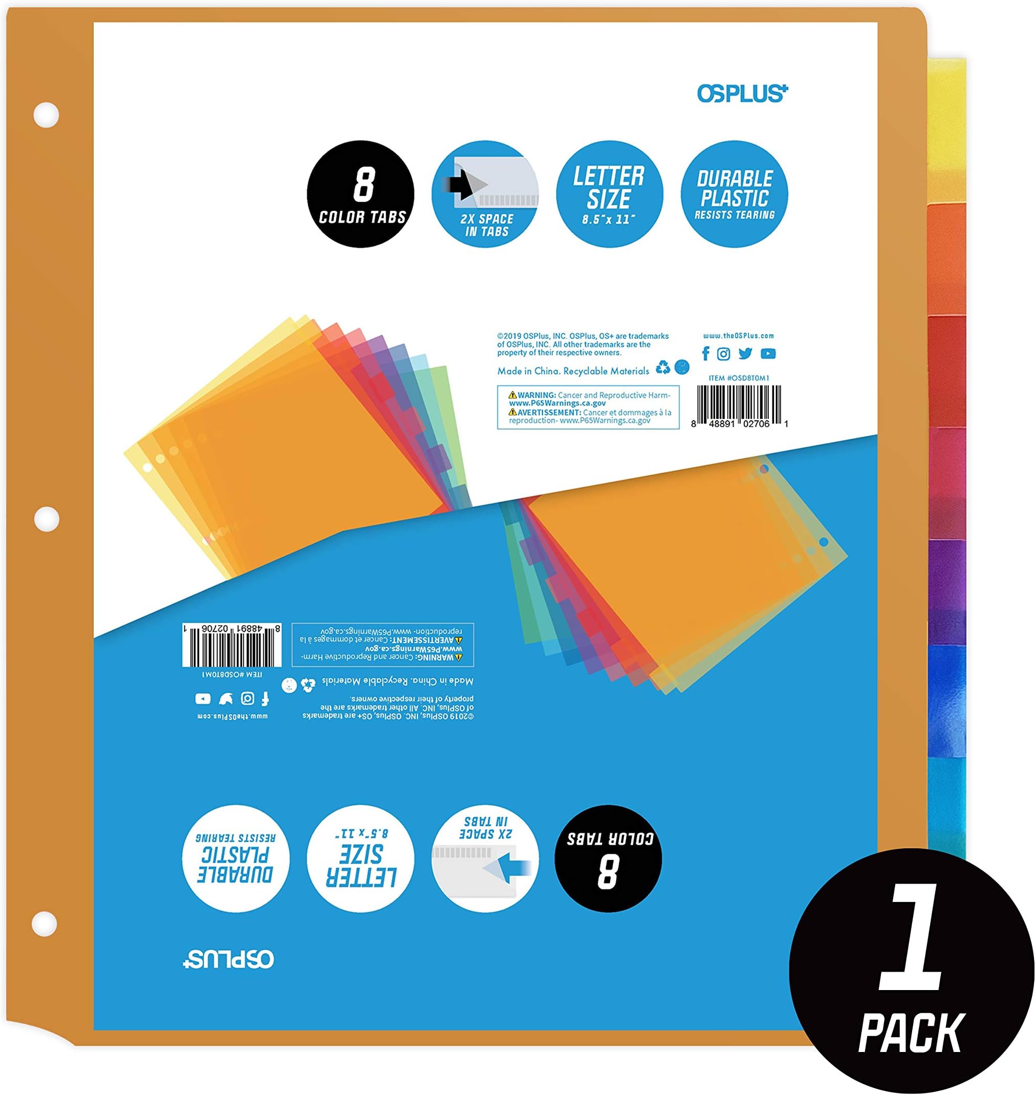 OS Plus 8-Tab Plastic Binder Dividers, Insertable Multicolor Big Tabs, 1 Set
