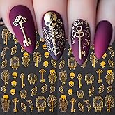 Halloween Nail Art Stickers Golden Skull Key Self-Adhesive Nail Decals Skeleton Designs Nail Decorations Halloween Skull DIY Manicure Supplies for Women 4Pcs