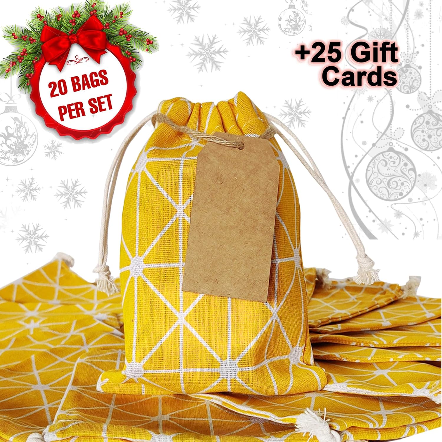 Erimova - Goodie bags with drawstring 20 pcs + 25 Gift cards, 8" x 6" Favor Bags, Christmas gift bags, Reusable Small gift bags, Fabric Gift bags bulk, Birthdays Events Makeup Jewelry Samples. 3rd Ed.