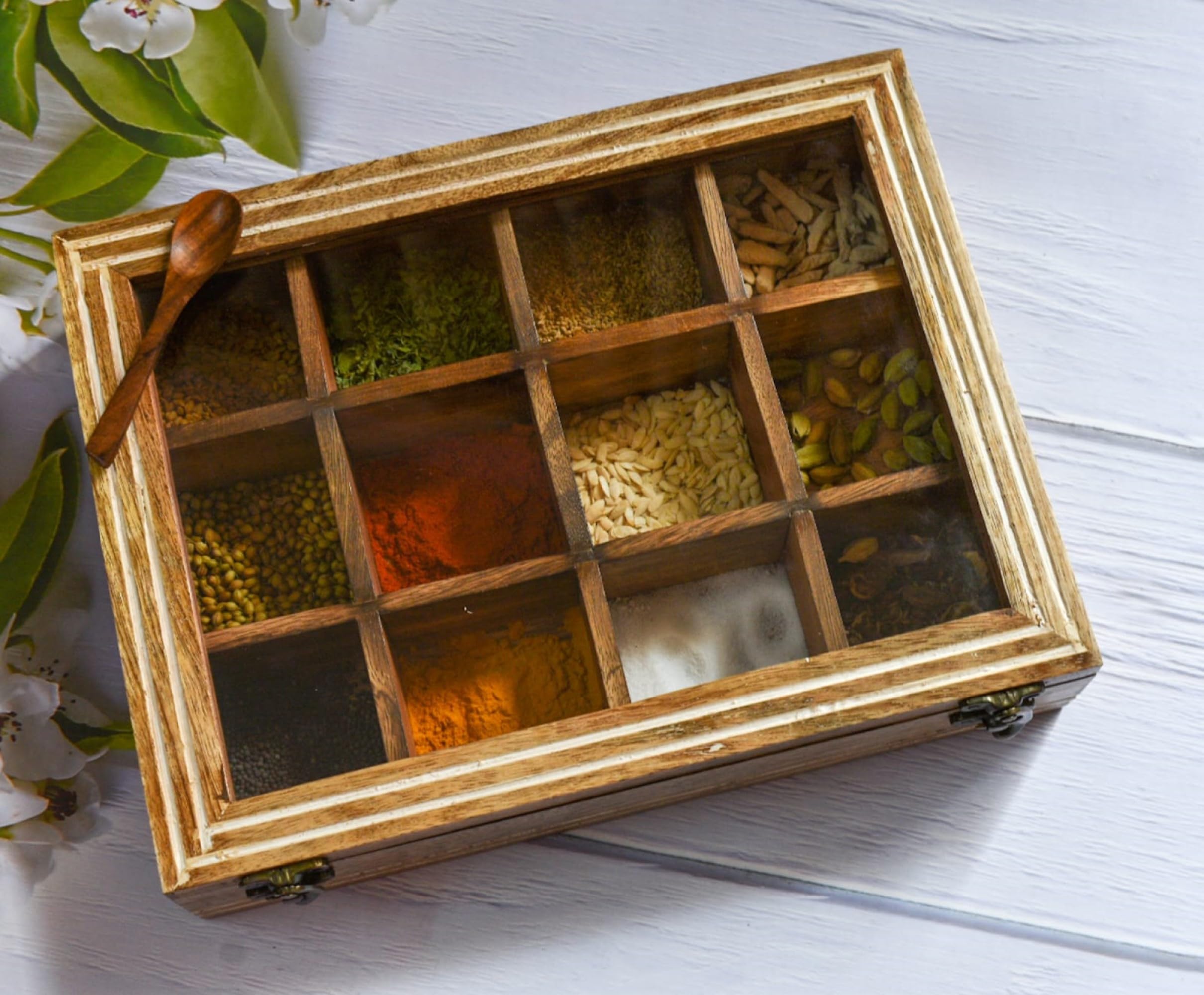 India House - Masala Dabba Indian Wooden Spice Box with Glass Top and Spoon (12 inch, Mango Wood)