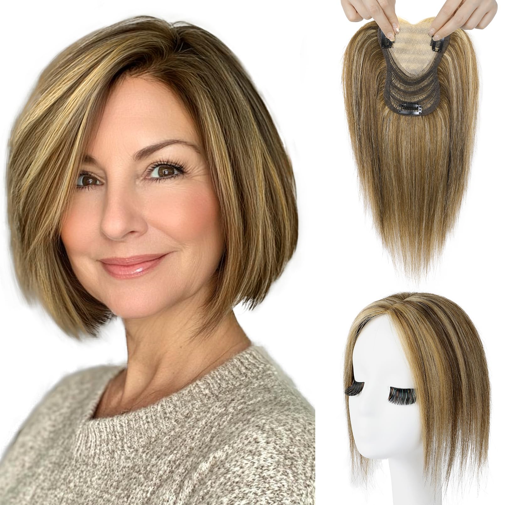 Photo 1 of REECHO Human Hair Toppers for Women Real Human Thick Hair Topper Invisible Wiglett for Daily Wear Adding Instant Volume, Medium Brown with Highlights