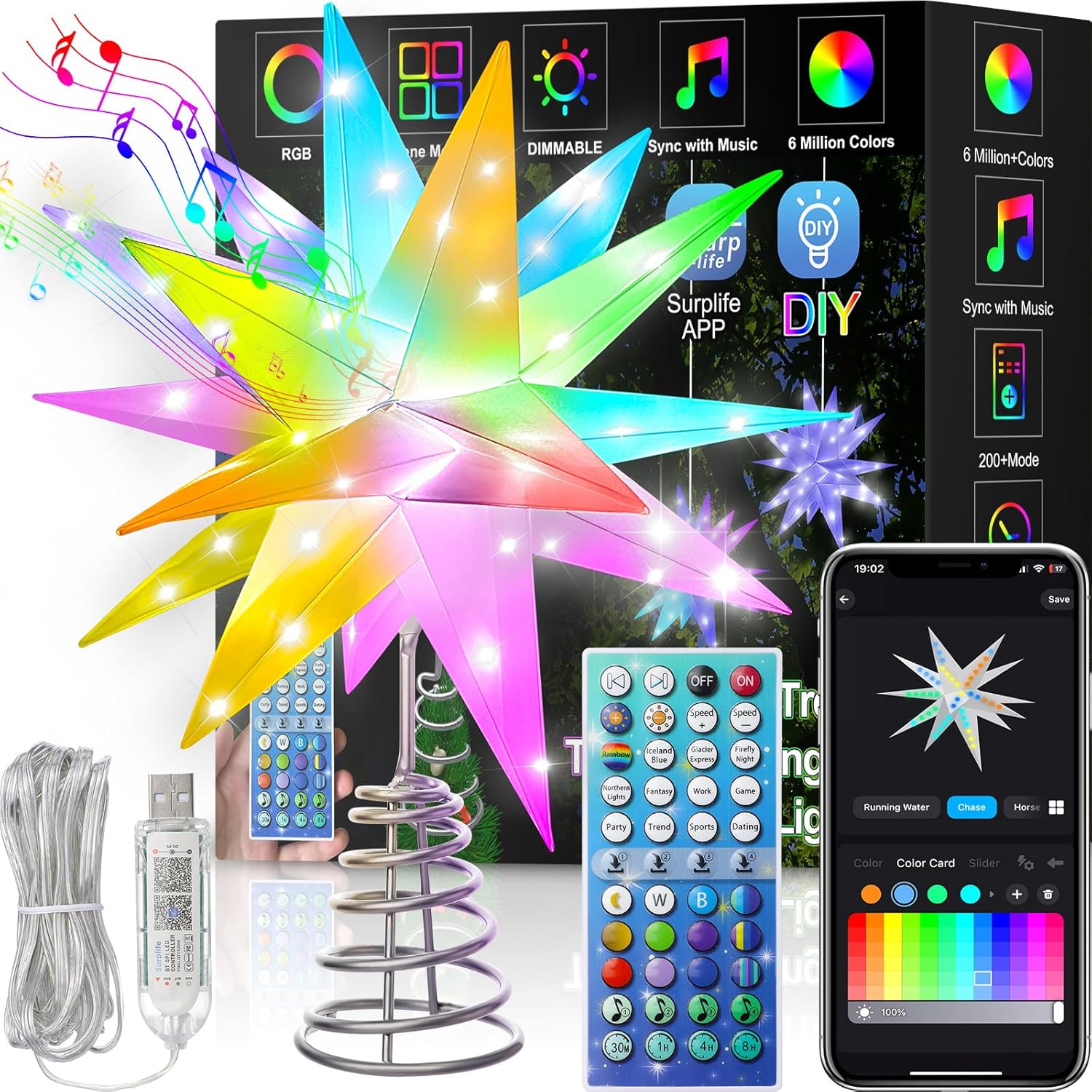 Tree Toppers - 12Inch Christmas Star Tree Topper, Smart Lighted Treetop Christmas Tree Decorations, Bluetooth App Control Music Sync Color Changing RGBIC LED Christmas Light with Remote, Indoor and Outdoor (12Inch)