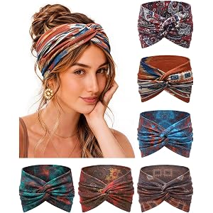 REOTECALL Extra Wide Headbands for Women 6 Pack, 7.08 Inch Non Slip Soft Bandana Head Bands, Boho Elastic Twist Cross Hair Ba