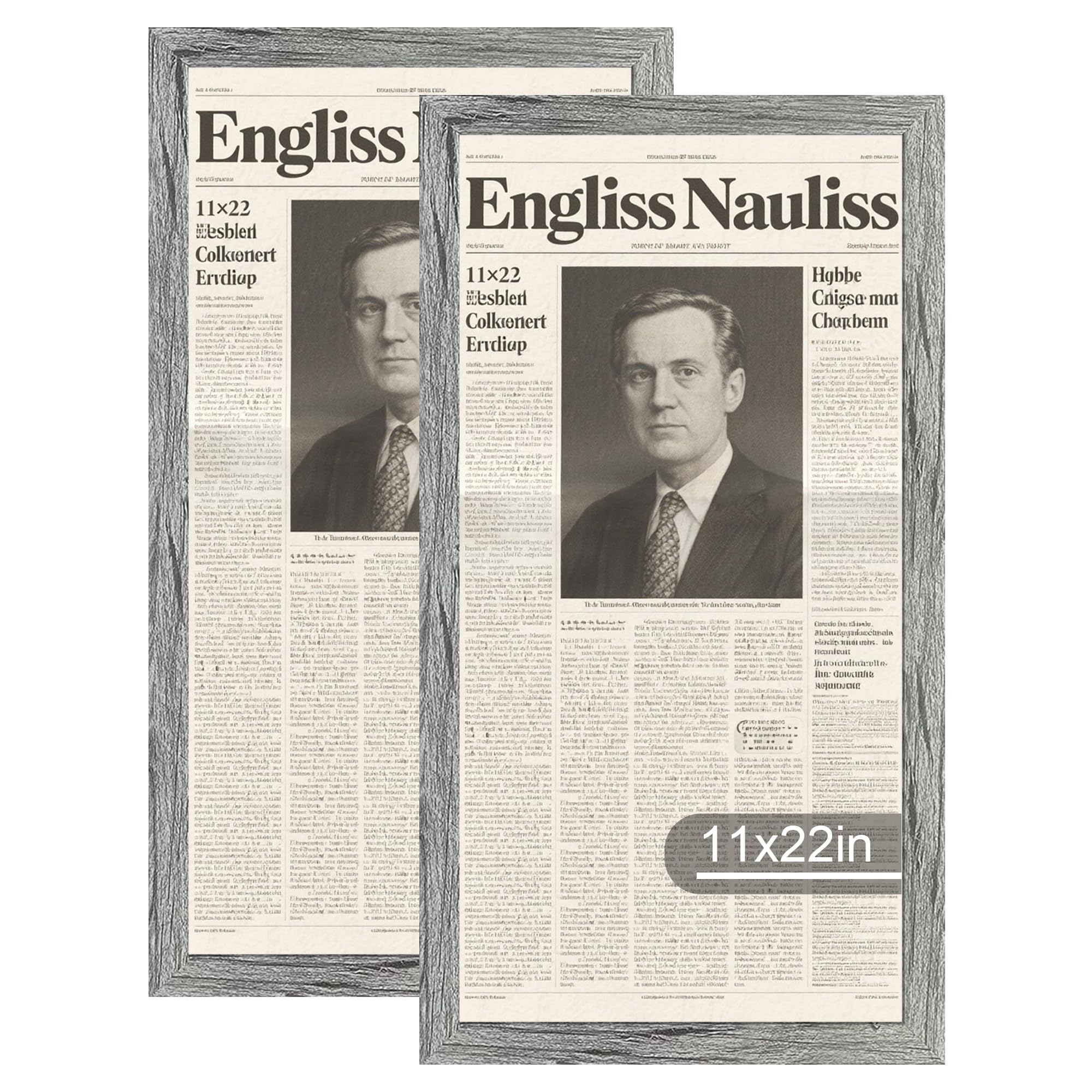 Hongkee 11x22 Newspaper Frame 2 Packs, Real Glass and Grey Wood Frame, Display Panoramic 11 x 22 Magazine Frames - Horizontal or Vertical Wall Mounting Image