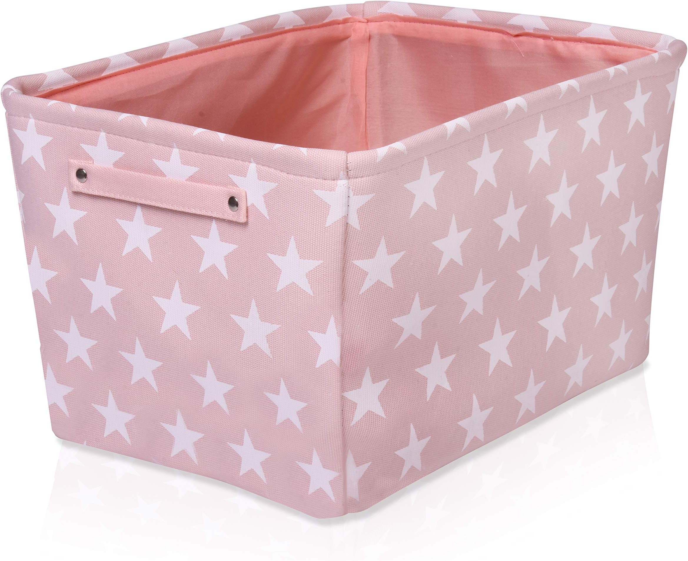 Pink Star Canvas Storage Basket - Rectangle Fabric Basket with White Stars – Perfect for Household Storage, Fabrics or Toys. Size: 40cms x 30cms x 25cms