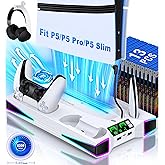 Kawaye PS5 Stand PS5 Cooling Station for Playstation 5/Pro/Slim Console, PS5 Accessories Vertical Stand with 2.36in Large P5 Fan Cooling Fan, RGB Light, Dual Controller Charger, Headset Holder, 3 Charger Port