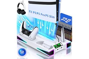 Kawaye PS5 Stand PS5 Cooling Station for Playstation 5/Pro/Slim Console, PS5 Accessories Vertical Stand with 2.36in Large P5 Fan Cooling Fan, RGB Light, Dual Controller Charger, Headset Holder, 3 Charger Port