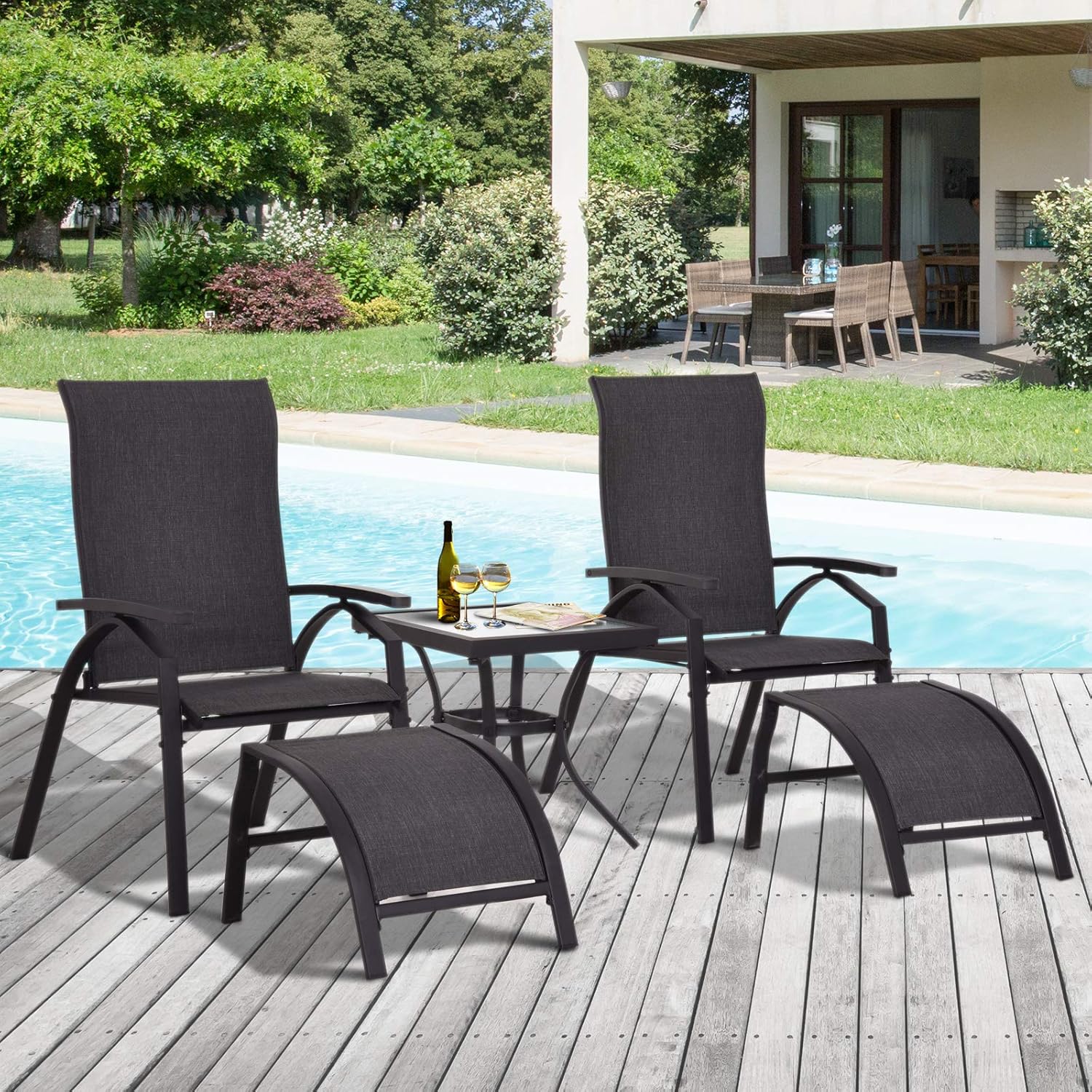 Outsunny 5pcs Outdoor Sling Bistro Set Garden Sun Lounger Chaise Lounge Reclining Chair W Side Table Ottoman Balcony Furniture Black Patio Furniture Sets