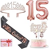 15th Birthday Decorations for Girls with Black Mis Quince 15 Sash and Crown, Cake Topper and Candles, Number Balloons Rose Gold, Quinceanera Decorations Gifts