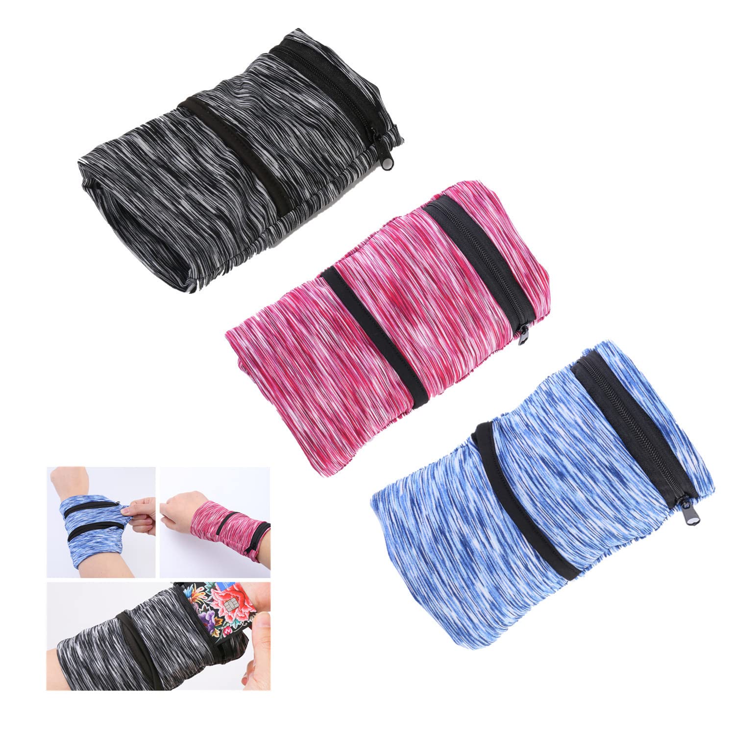 Wrist Pouch, Pocket Wallet with Zippered for Running, Walking, Hiking, Cycling, Yoga and More (3 Pack) (Black+Blue+Red, L)