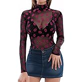 MANGOPOP Women's Mesh Top Long Sleeve See Through Mock Neck Blouse Sheer Sexy T Shirts Clubwear Bodycon