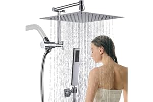 QMLALA All Metal Rain Shower Head with Handheld Combo, 10'' High Pressure Rainfall Shower Head Sprayer, Handheld Shower Head with Shower Holder, Adjustable Extension Arm, Polished Chrome
