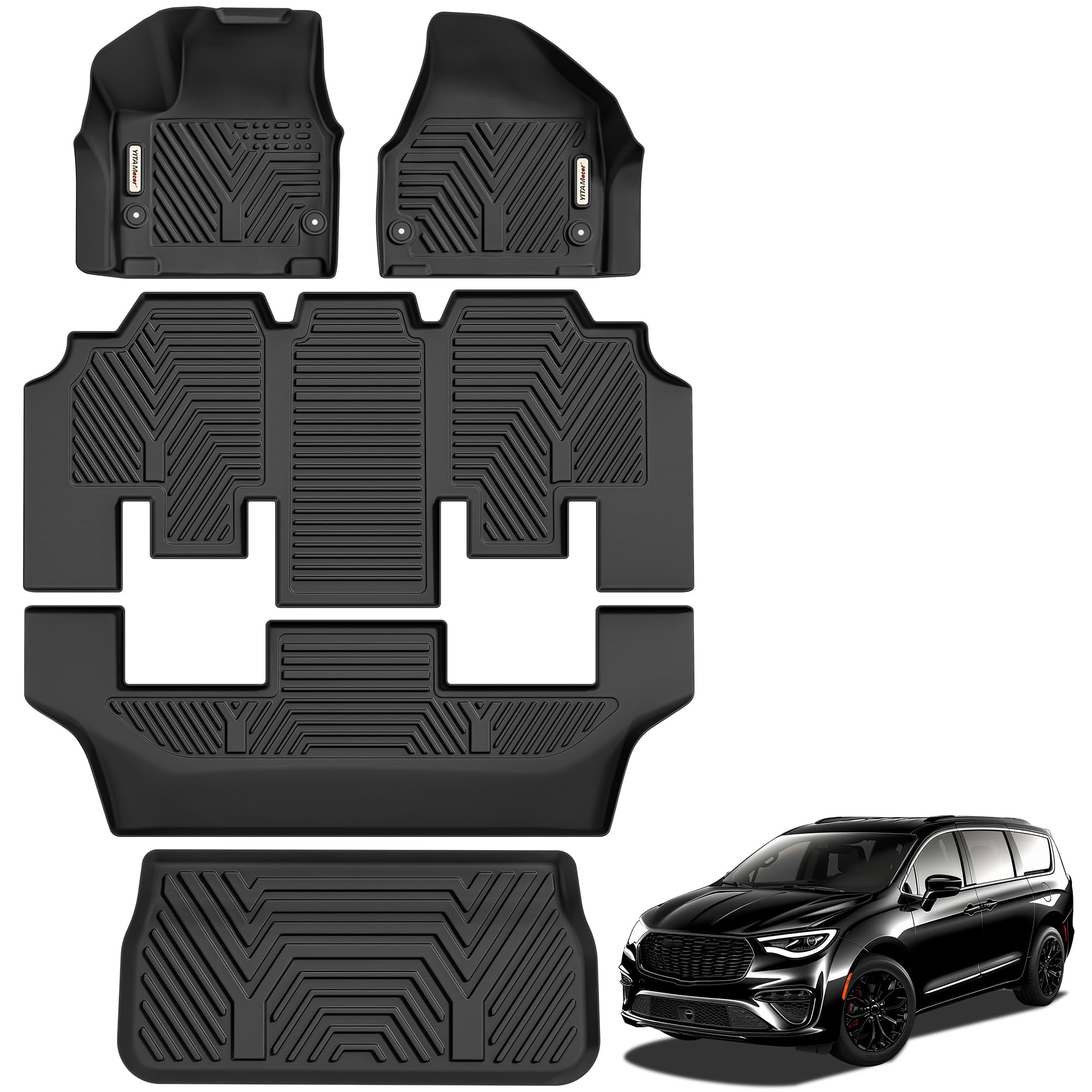 YITAMOTOR Floor Mats for Chrysler Pacifica 2017-2026 7/8 Passenger (No Hybrid) & Voyager 2020-2026, Custom Fit All Weather Anti-Slip TPE Rubber Automotive Accessories, 3 Row & Cargo Liner Set, Black Image