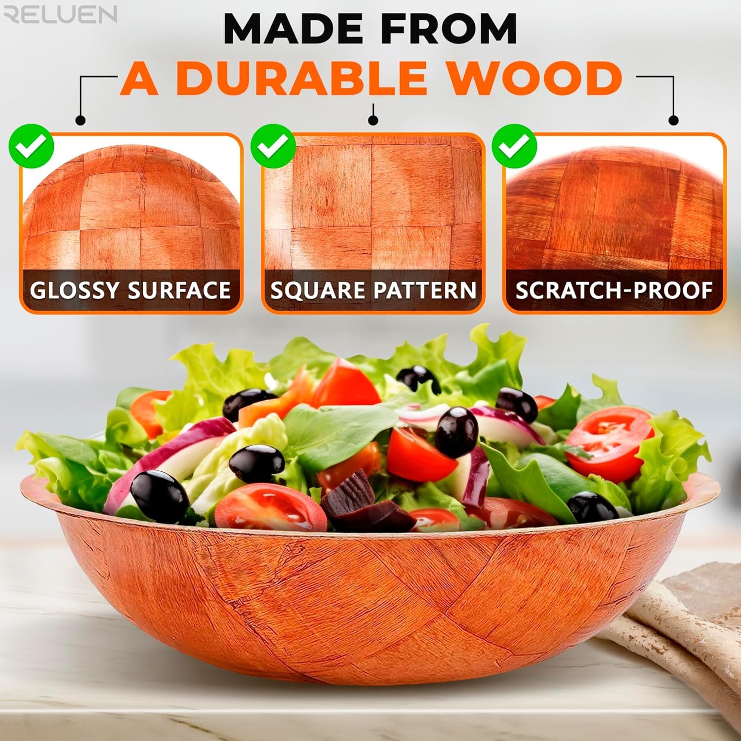 Rich&Richer Wooden Salad Bowl Set 6 Pcs - 8 Inch Salad Bowls Large Serving, Woven Wooden Bowls for Food, Mixing Bowls for Kitchen Set - Wood Salad Bowl Set Serving Bowls - Image 8