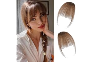 BUPPLER Clip in Bangs 100% Real Human Hair Pieces Wispy Medium Brown Fake Bangs Hair Clip on bangs for women Faux Bangs Clip in Hair Extensions with Hair Roller for Daily Wear