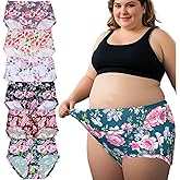 WhilyeePam Women's Underwear Plus Size XL-6XL Panties Briefs High Waist Rose Floral Print 6 Pack Undies