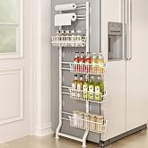 BUKFEN 6-Tier Slim Corner Shelf, Spice Rack Narrow Storage Next to Fridge | Bidirectional Pull-Out Baskets, Bent Base Stability, 6 Hooks, Space-Saving Slim Design for Kitchen, Bathroom, Laundry Room