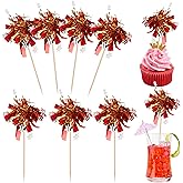Rsstarxi 30 Pack Foil Firework Cupcake Toppers Red Sparkle Tinsel Drink Cake Decorations Cocktail Food Toothpicks for Happy Valentine's Day Birthday Wedding Graduation Party Decorations Red Silver