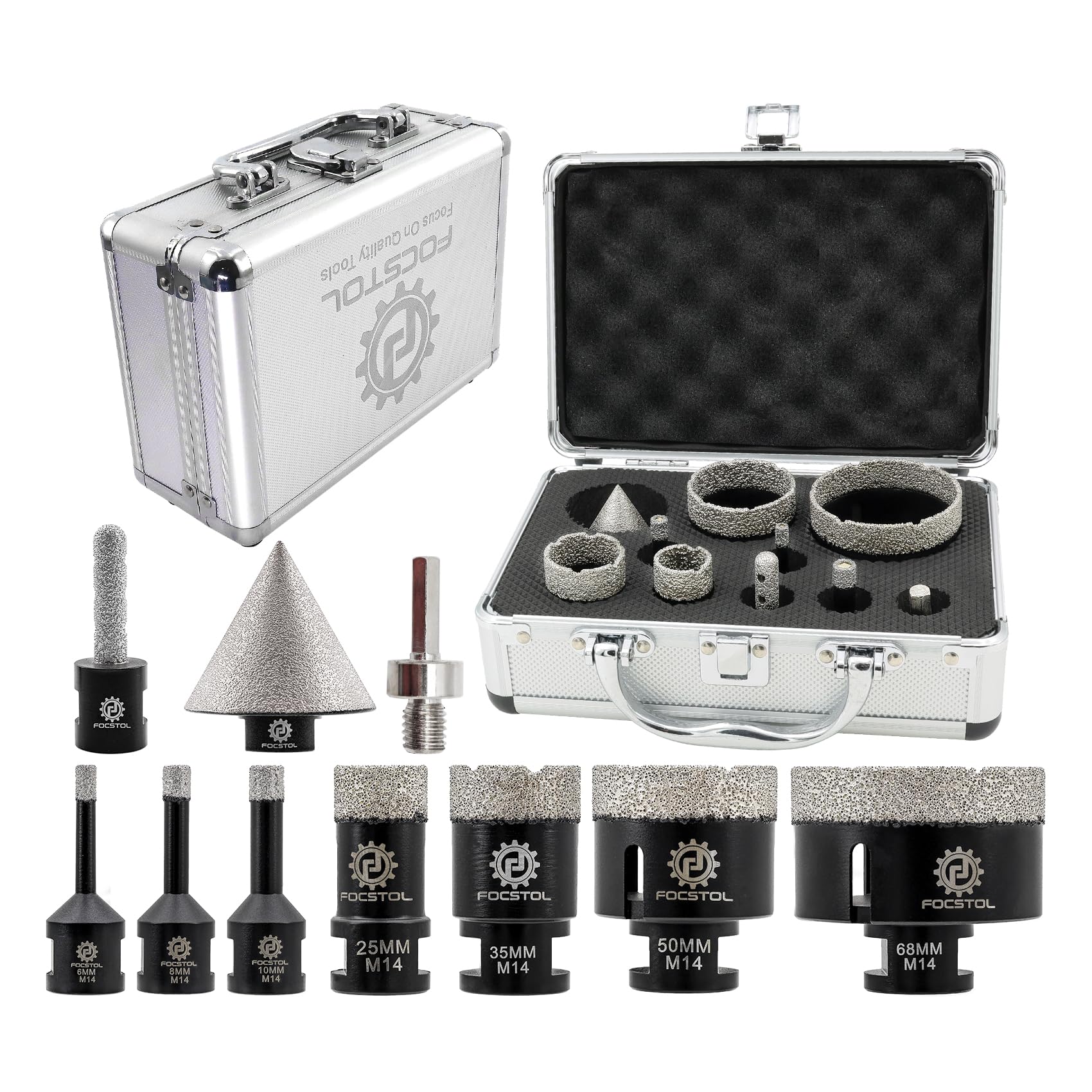 FOCSTOL Diamant Fliesenbohrer Set - 6/8/10/25/35/50/68mm+10mm Fingerfräser+50mm Fasenbohrer+Sechskantschaft Adapter für Porzellan Keramik Fliese Marmor Granit Stein Quarz Packung mit 10