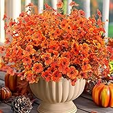 YILIUFA Artificial Mums Fall Flowers for Outdoors, 12 Bundles Faux Mums UV Resistant Fake Fall Plants Plastic Greenery Autumn Decor for Outside Garden Porch Patio Hanging Planter (Orange Green)