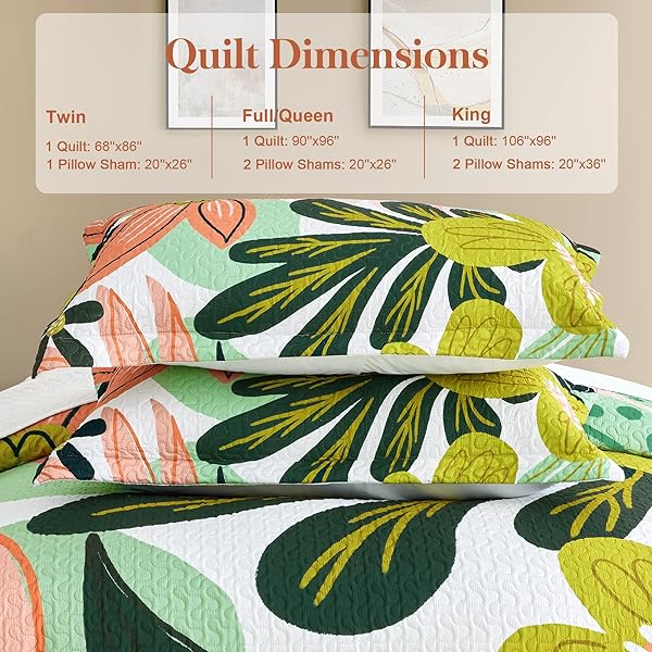TYROT 3 PIECE BOHO FLORAL KING SIZE QUILT SETS FARMHOUSE REVERSIBLE LIGHTWEIGHT BEDSPREAD COVERLET WITH 2 SHAMS MID CENTURY BOTANICAL LEAVES MICROFIBER BEDDING QUILTS SET FOR ALL SEASON, 106”X96”