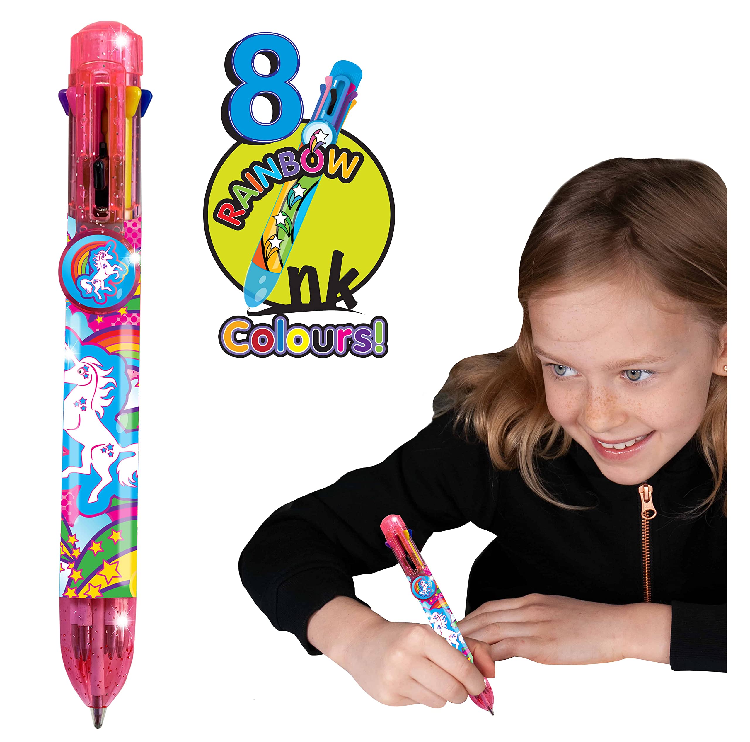 Rainbow Writer - Unicorn Pen by Deluxebase. 8-in-1 Multicolour Retractable Ballpoint Pen with a Pink Glitter Barrel, Fun Novelty Kids Stationery, School Supplies or Party Bag Filler.