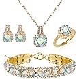 4pcs Cubic Zirconia Wedding Jewelry Sets for Bride Bridesmaid Cubic Zirconia Pendant Necklace Earrings Link Tennis Bracelet Open Ring Set for Women Birthday/Valentine's Day/Mother's Day/Christmas