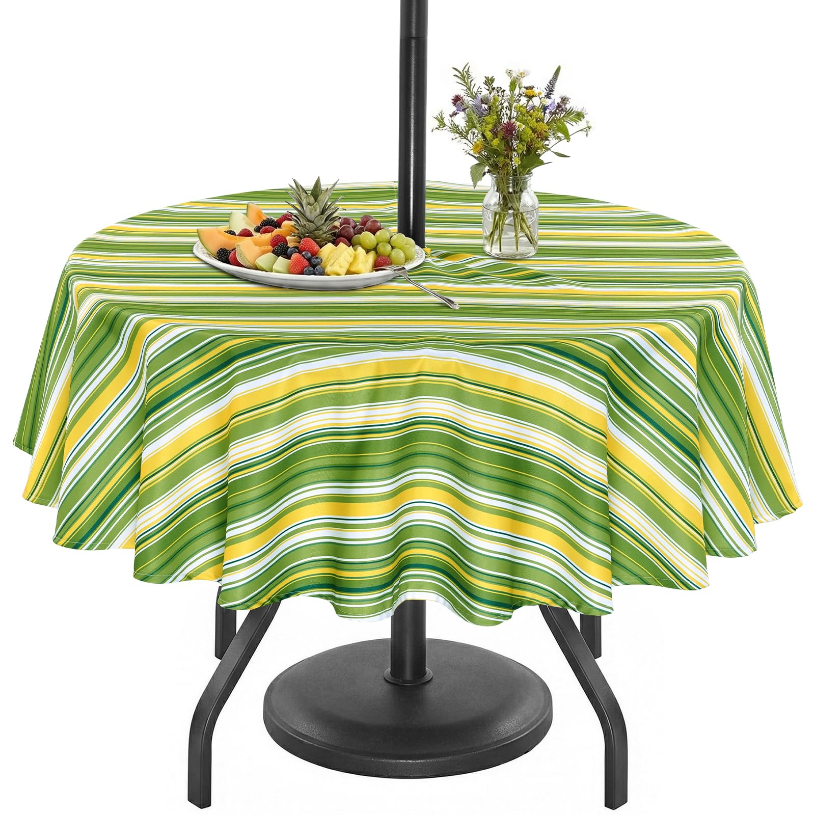 Eternal Beauty 152cm Round Green & Yellow Stripe Indoor Outdoor Splashproof Tablecloth with Umbrella Hole and Zipper for Patio Garden Party and BBQ（60 Inch）