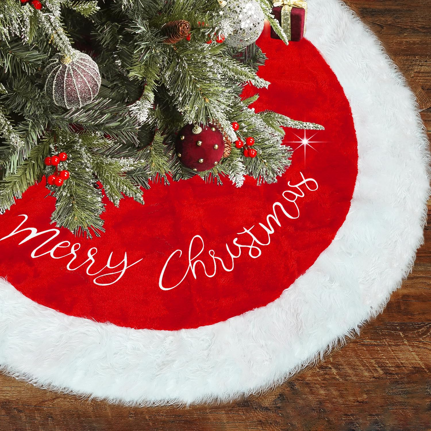 Ywlake Christmas Tree Skirt 48 Inch Large White Red Faux Fur Xmas Tree Skirt for Christmas Holiday Home Decorations (120cm)
