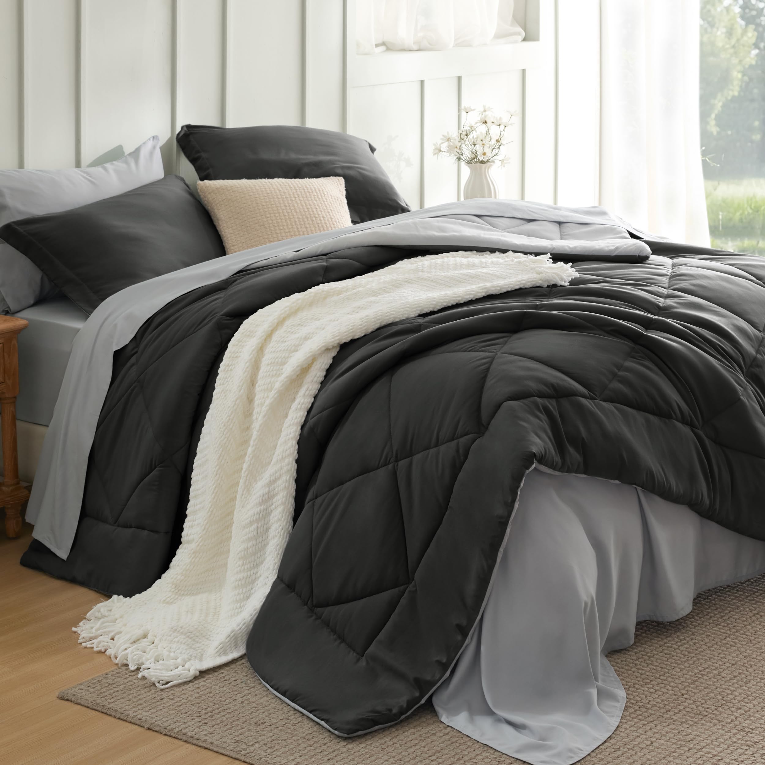 Bedsure Charcoal Grey Queen Comforter Set - 7 Pieces Reversible Bedding, Queen Size Bed Set for All Seasons, Bed in a Bag with Down Alternative Comforter, Sheets, Pillowcases & Shams Image