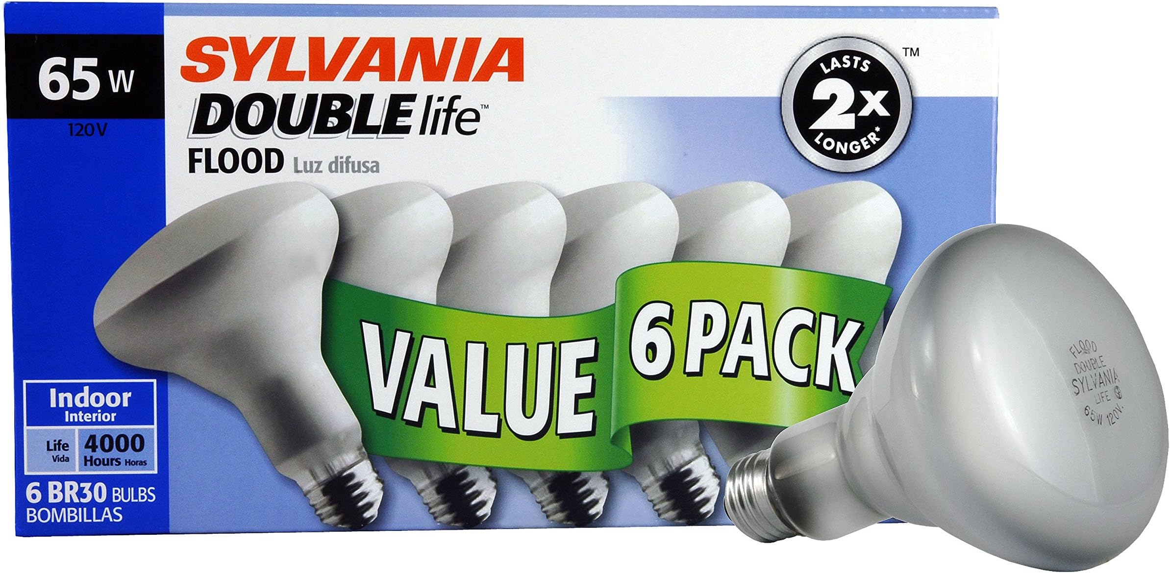 LEDVANCE 10264 Incandescnet Light Bulb, BR30 Double Life Life-65W-Reflector Lamp-2850K Incandescent, 65W, Reflector Lamp, 2850K, 6 Pack, 6 Piece