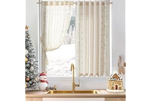 jinchan Winslow Linen Curtains 45 Inch Length Christmas Decorations Farmhouse Small Window Curtains Embroidered Bordered Floral Drapes Light Filtering for Bathroom Kitchen Sage on Beige 2 Panels