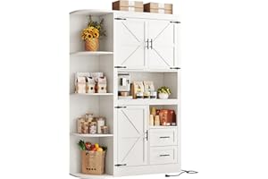 IRONCK 70" Farmhouse Kitchen Pantry, Storage Cabinet with Power Outlets, 4 Side Shelves, Buffet Sideboard with Microwave Stand, Coffee Bar with 2 Drawers, Cupboard for Dining Room, White