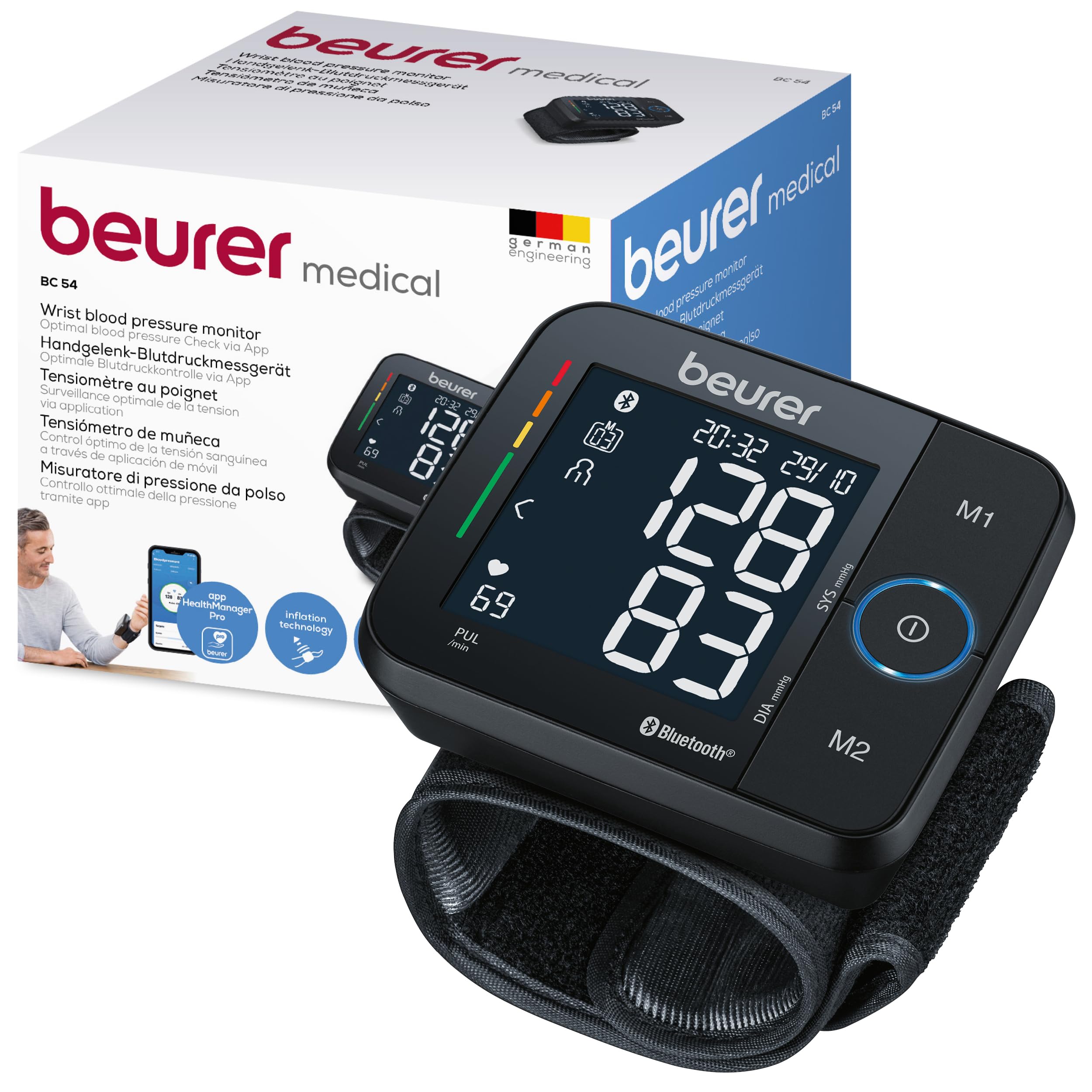 Beurer BC 54 wrist blood pressure monitor with inflation technology, coloured risk indicator, arrhythmia detection, wrist circumference 13.5-21.5 cm, with app, data transfer to Apple Health and co.