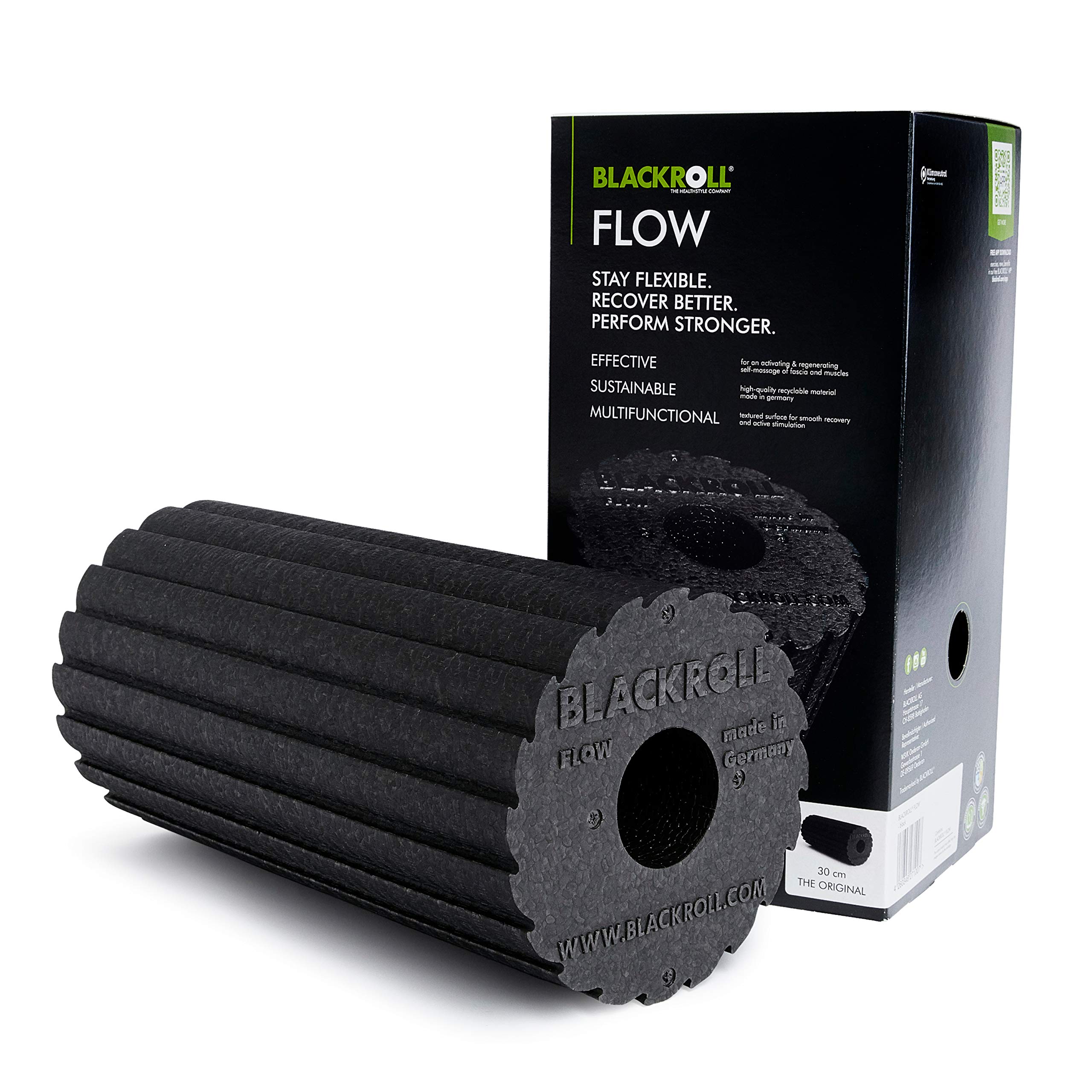 BLACKROLL Flow (Hardness) Selbstmasagerolle with Intera Ktivem Booklet Self Massage Tool – Black, One Size