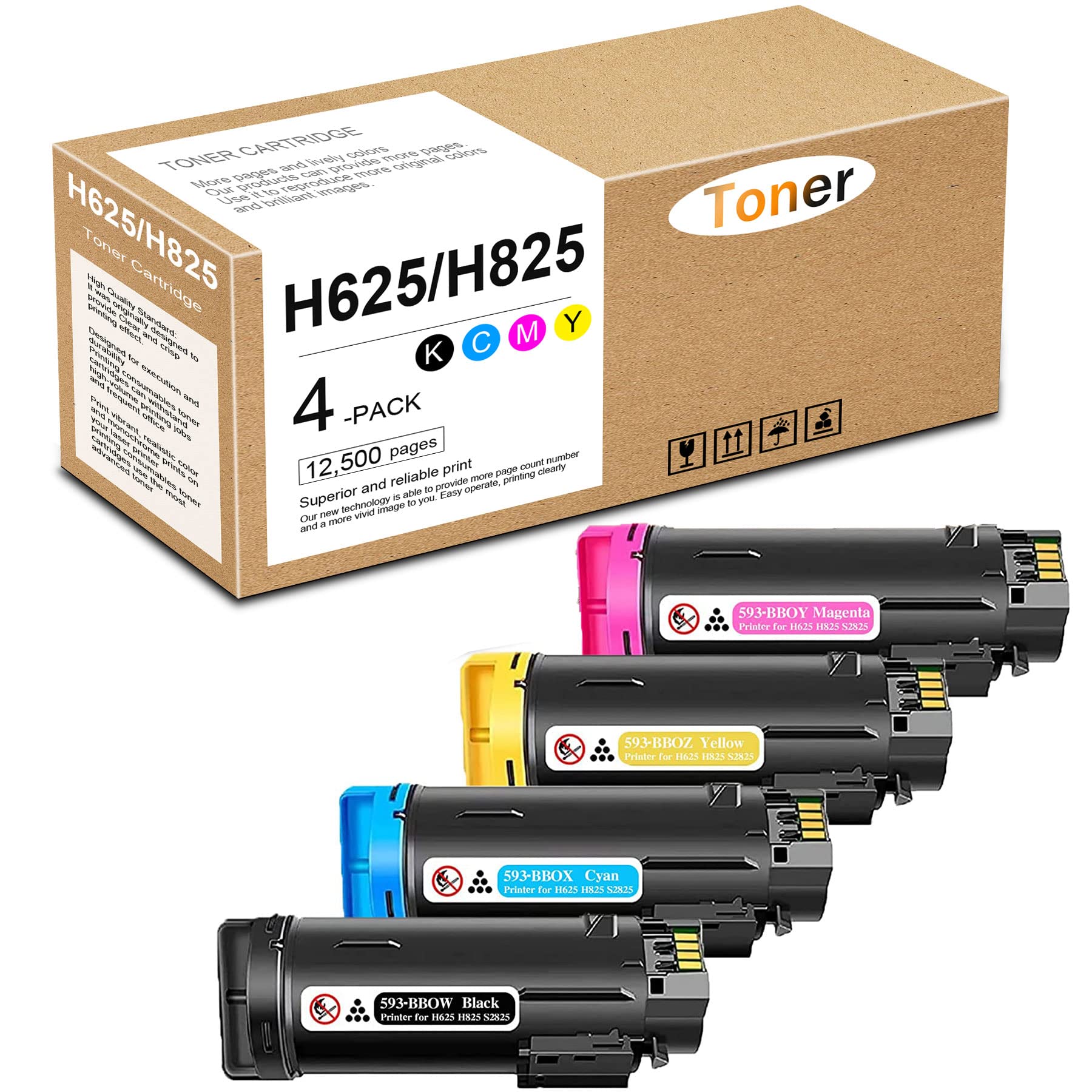 Photo 1 of H625 H825 S2825 Toner Cartridge Black Cyan Magenta Yellow Replacement for DELL 593-BBOW 593-BBOX 593-BBOY 593-BBOZ H625cdw H825cdw Printer Ink, 4 Pack (1BK/1C/1Y/1M)