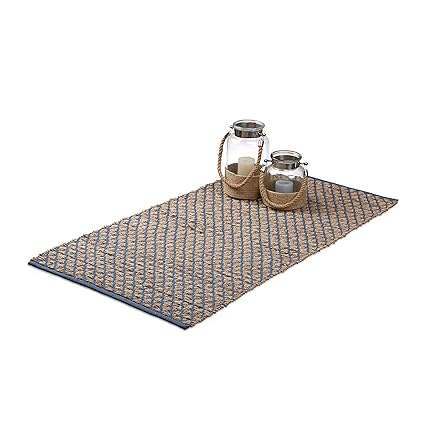 Relaxdays Teppich Jute, 70 x 140 cm Handarbeit, Natufaser, Karomuster, Flurläufer, Teppichläufer, Rutschfest, natur braun