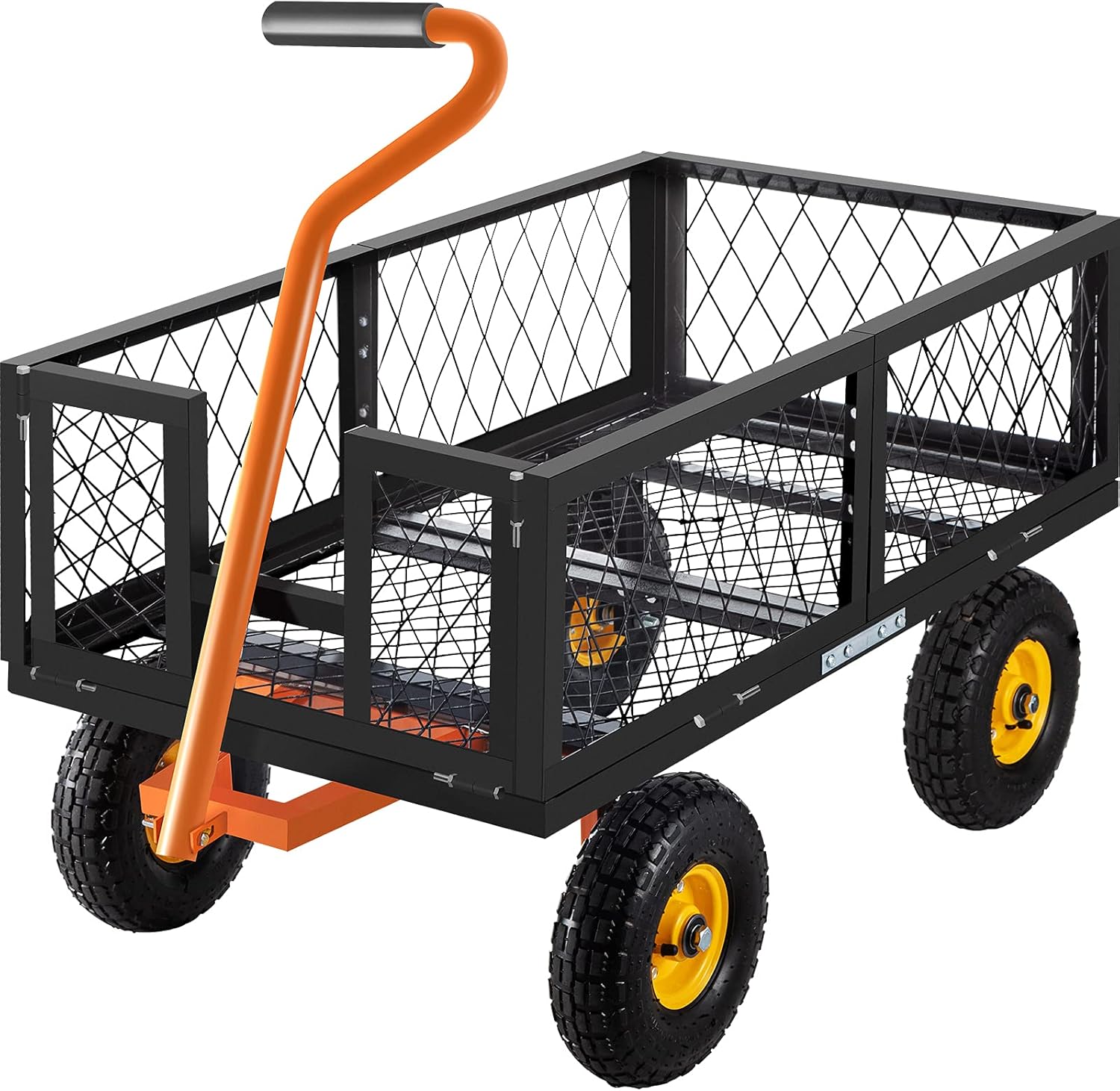 VEVOR Steel Garden Cart, 1000lbs Capacity Garden Utility Cart, 51'' L x 24'' W x 11'' H Steel Utility Wagon, Outdoor Lawn Wagon w/ Removable Sides, 10'' Pneumatic Tires, Adjustable Handle, Black